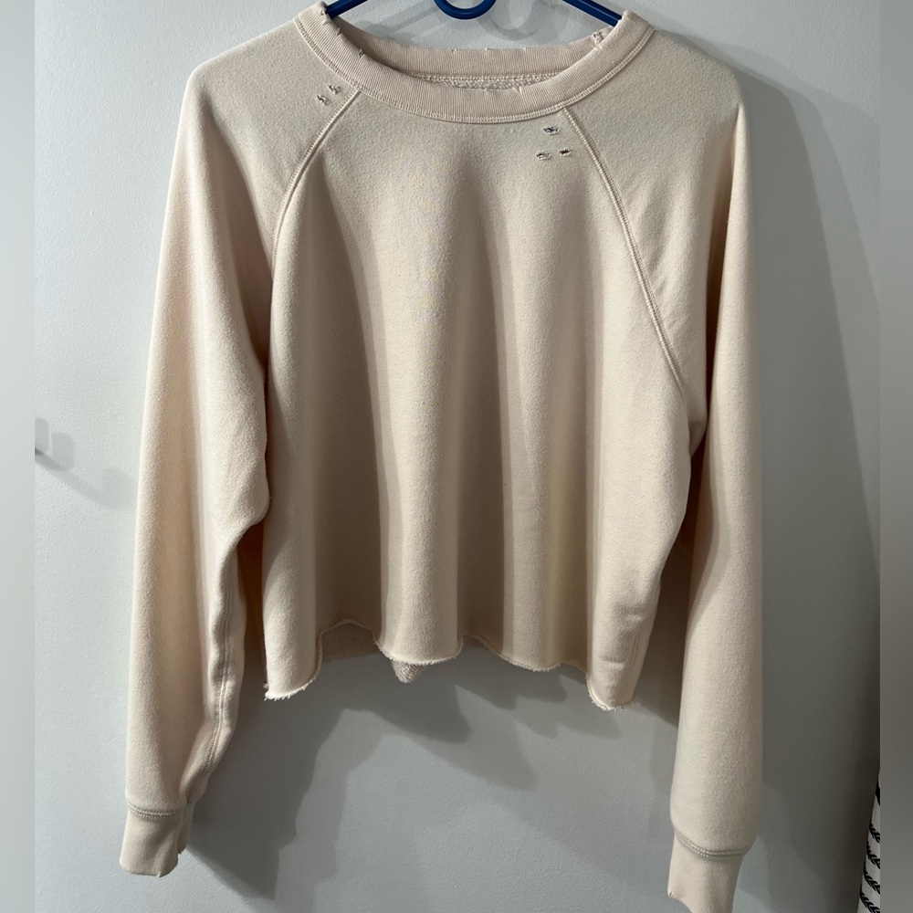 Aerie Cropped Cream Long Sleeve Sweatshirt w/ distressing. Medium. Minimal wears